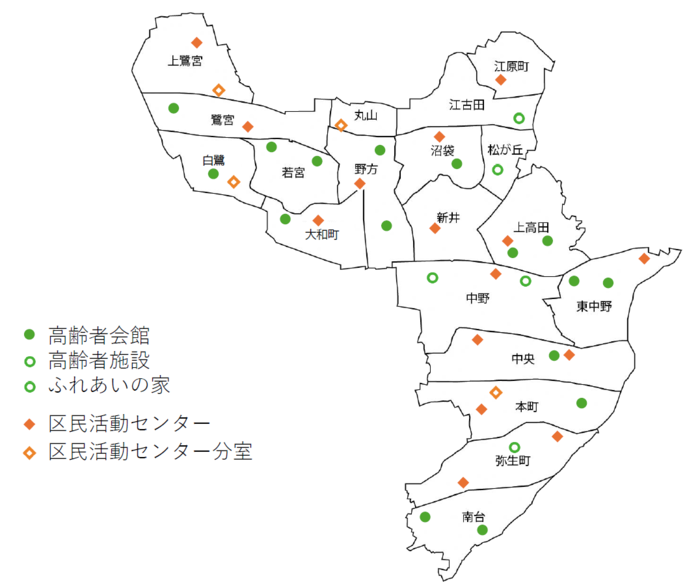 中野区にある区有施設を示した地図です