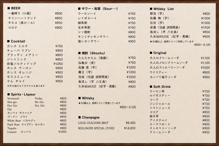 ドリンクメニュー（6月時点）。ウイスキーは別リスト。