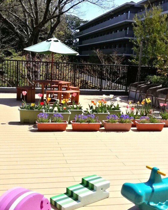 開放感があるウッドデッキ、四季折々のお花や野菜も育っています。