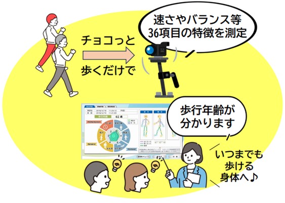 カメラに向かって数m歩くと速さやバランス等36項目の特徴を測定し、ご自身の年齢に合わせた歩行年齢が分かります