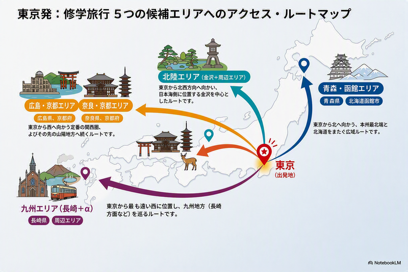 東京発：修学旅行 5つの候補エリアへのアクセス・ルートマップ 東京（出発地） 青森・函館エリア　東京から北へ向かう、本州最北端と北海道をまたぐ広域ルートです。 北陸エリア　東京から北西方向へ向かい、日本海側に位置する金沢を中心としたルートです。 奈良・京都エリア、広島・京都エリア　東京から西へ向かう定番の関西圏、およびその先の山陽地方へ続くルートです。 九州エリア　東京から最も遠い西に位置し、九州地方（長崎方面など）を巡るルートです。