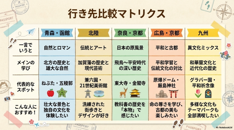 行き先比較マトリクス　青森・函館　一言でいうと：自然とロマン　メインの学び：北方の歴史と雄大な自然　代表的なスポット：ねぶた・五稜郭　こんな人におすすめ：壮大な景色と独自の文化を体験したい　北陸　一言でいうと：伝統とアート　メインの学び：加賀藩の歴史と現代芸術　代表的なスポット：兼六園・21世紀美術館　こんな人におすすめ：洗練された街歩きとデザインが好き　奈良・京都　一言でいうと：日本の原風景　メインの学び：飛鳥～平安時代の深い歴史　代表的なスポット：東大寺・金閣寺　こんな人におすすめ：教科書の歴史を「本物」で感じたい　広島・京都　一言でいうと：平和と古都　メインの学び：平和学習と伝統文化の対比　代表的なスポット：原爆ドーム・厳島神社　こんな人におすすめ：命の尊さを学び、古都の美も楽しみたい　九州　一言でいうと：異文化ミックス　メインの学び：和華蘭文化と近代化の歴史　代表的なスポット：グラバー園・平和祈念像　こんな人におすすめ：多様な文化もテーマパークも全部満喫したい
